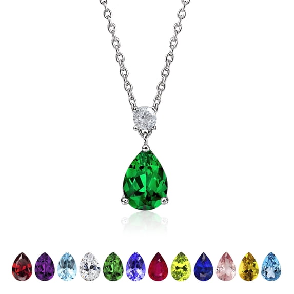 JeenMata 3.25 Carat Emerald May Birthstone - Round and Pear Cut Dangle Pendant Necklace in 18k White Gold Plated for Women
