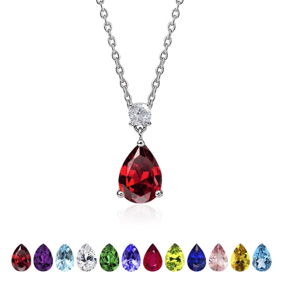JeenMata 3.25 Carat Garnet January Birthstone - Round and Pear Cut Dangle Pendant Necklace in 18k White Gold Plated for Women