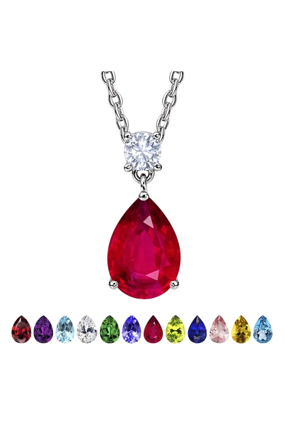 3.25 Carat Ruby July Birthstone - Round and Pear Cut Dangle Pendant Necklace in 18k White Gold Plated for Women