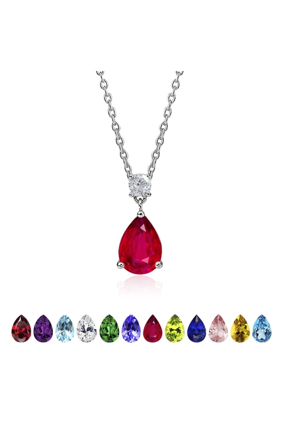 3.25 Carat Ruby July Birthstone - Round and Pear Cut Dangle Pendant Necklace in 18k White Gold Plated for Women