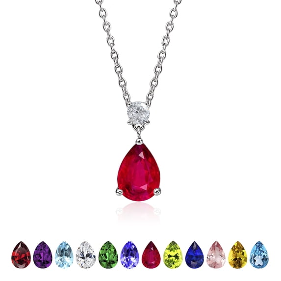 JeenMata 3.25 Carat Ruby July Birthstone - Round and Pear Cut Dangle Pendant Necklace in 18k White Gold Plated for Women