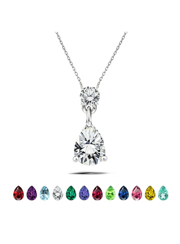 1.75 Carat April Birthstone - Round and Pear Cut Dangle Pendant Necklace in 18k White Gold Plated for Women