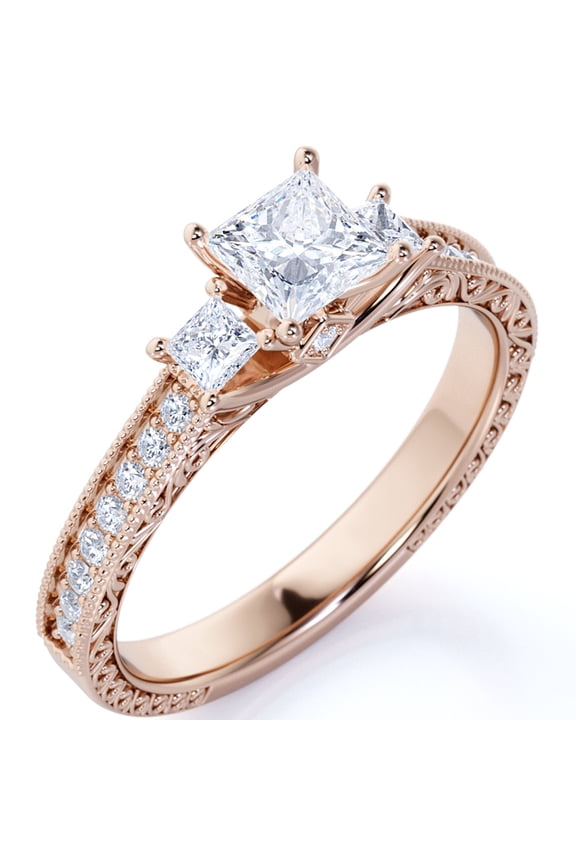 Classic 1 Carat Princess Cut Moissanite - Vintage - Beaded - Three Stone - Victorian Engagement Ring in 18K Rose Gold over Silver
