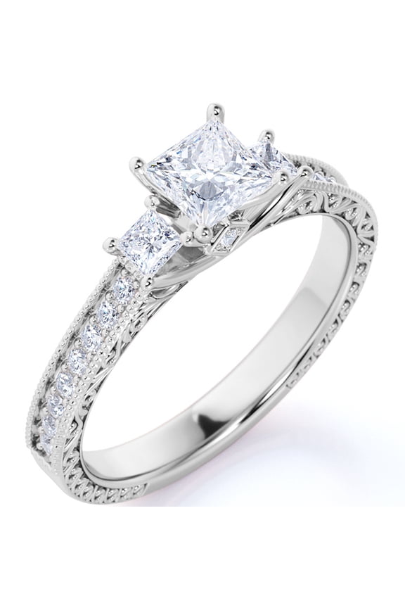 Classic 1 Carat Princess Cut Moissanite - Vintage - Beaded - Three Stone - Victorian Engagement Ring in 18K White Gold over Silver