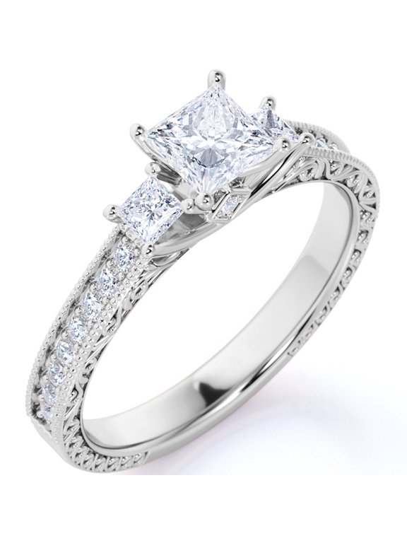 Classic 1 Carat Princess Cut Moissanite - Vintage - Beaded - Three Stone - Victorian Engagement Ring in 18K White Gold over Silver