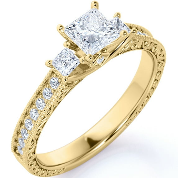 JeenMata Classic 1 Carat Princess Cut Moissanite - Vintage - Beaded - Three Stone - Victorian Engagement Ring in 18K Yellow Gold over Silver