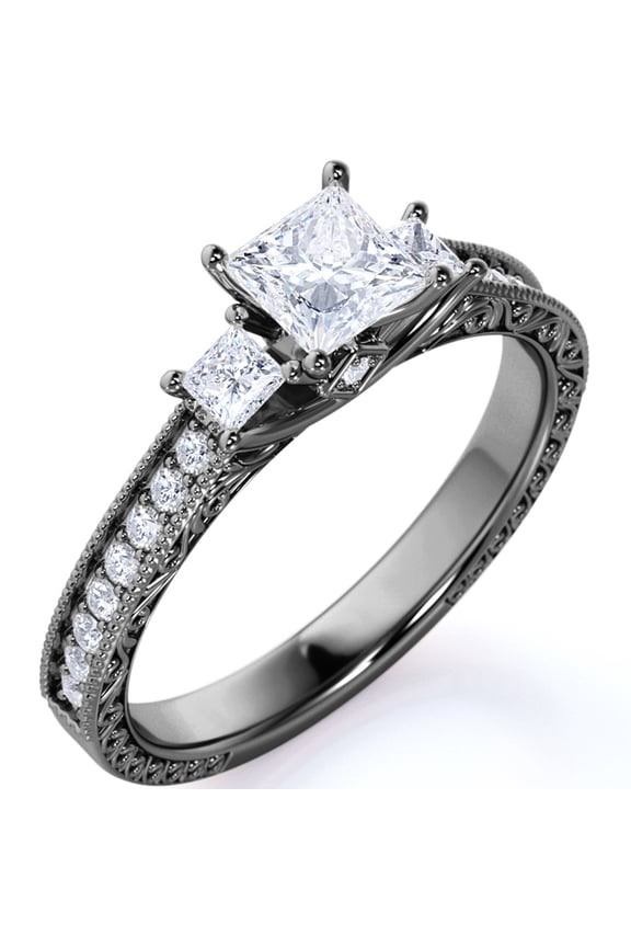 Classic 1 Carat Princess Cut Moissanite - Vintage - Beaded - Three Stone - Victorian Gothic Engagement Ring in 18K Black Gold over Silver