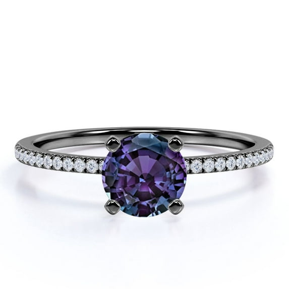 JeenMata Classic 1 Carat Round Cut Lab Created Alexandrite and Moissanite Pave Solitaire Engagement Ring in 18k Black Gold over Silver