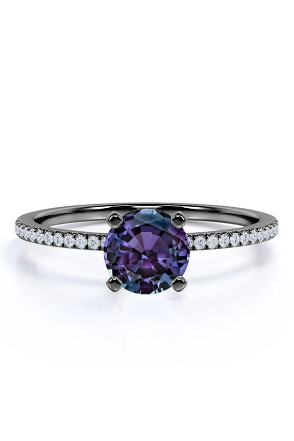 Classic 1 Carat Round Cut Lab Created Alexandrite and Moissanite Pave Solitaire Engagement Ring in 18k Black Gold over Silver