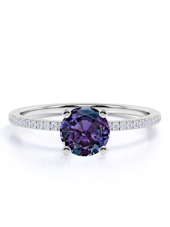 Classic 1 Carat Round Cut Lab Created Alexandrite and Moissanite Pave Solitaire Engagement Ring in 18k White Gold over Silver