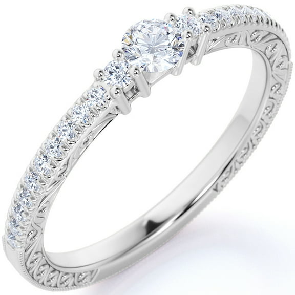 JeenMata Classic .83 ct - Real Round Moissanite - Vintage Inspired - Pave Band - Dainty - Anniversary Ring - 18K White Gold over Silver