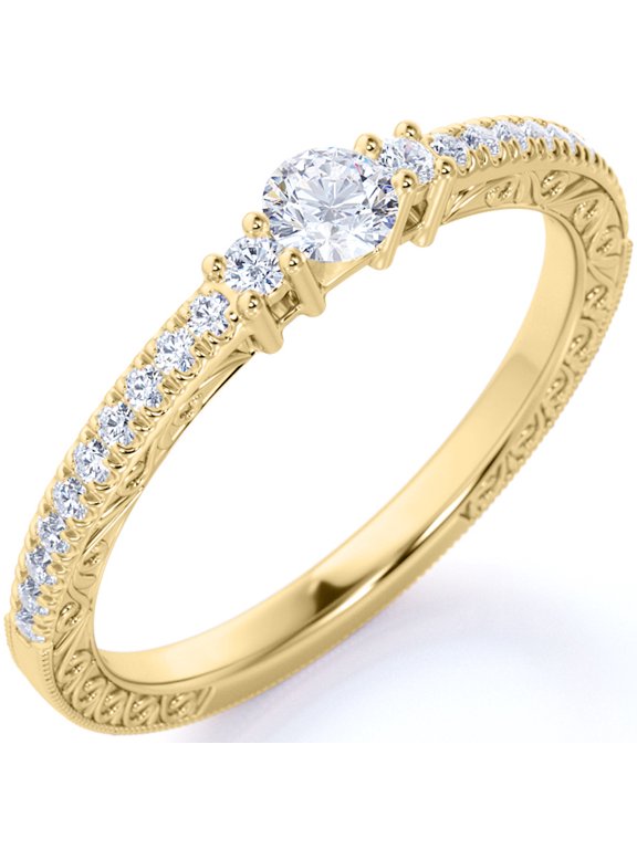 Classic .83 ct - Real Round Moissanite - Vintage Inspired - Pave Band - Dainty - Anniversary Ring - 18K Yellow Gold over Silver