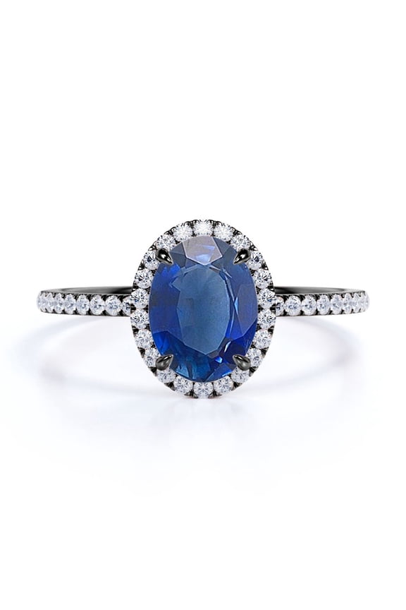 Classic Halo Design 1.50 TCW Oval Cut Lab-Created Blue Sapphire and Moissanite Pave Accented Engagement Ring in 18K Black Gold Plating over Silver
