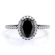 JeenMata Classic Pave Accented - 1.50 TCW Oval Cut Lab Created Black Diamond and Moissanite - Halo Design Engagement Ring - 18K Black Gold Plating over Silver