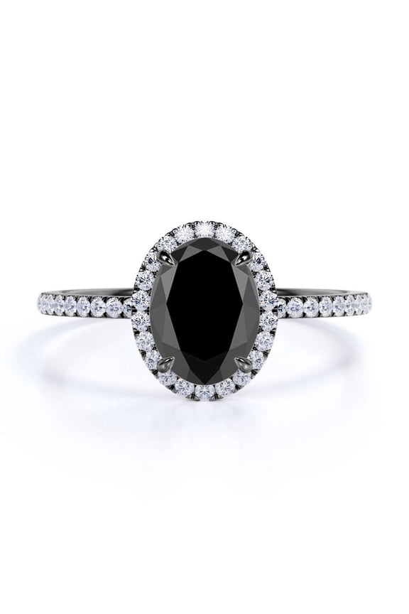 Classic Pave Accented - 1.50 TCW Oval Cut Lab Created Black Diamond and Moissanite - Halo Design Engagement Ring - 18K Black Gold Plating over Silver