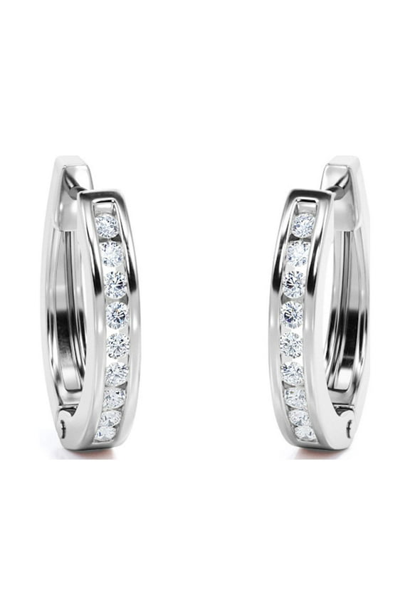 Classic Pave-Channel 0.5 Carat Round Cut Diamond Semi-Eternity Chunky Hoop Earrings in 18K White Gold Plating over Silver