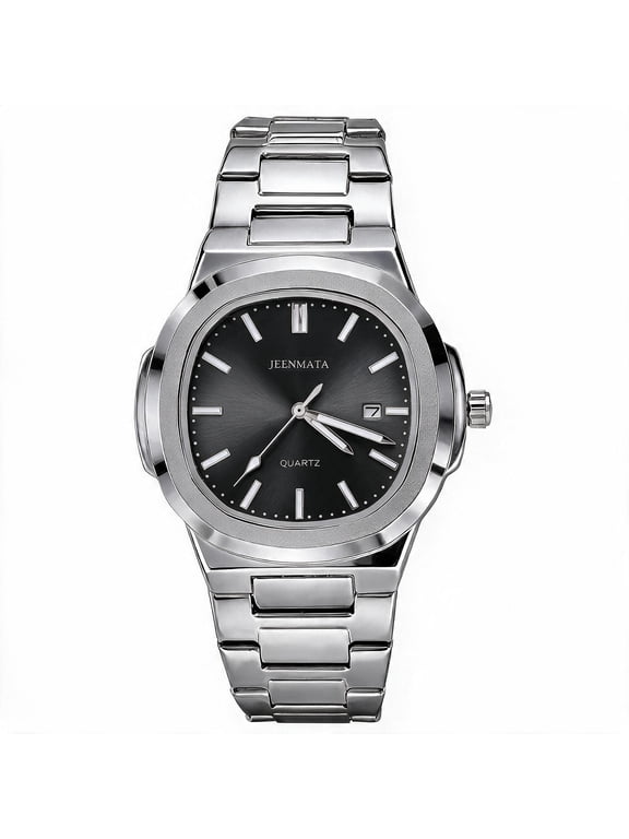 Men’s Stainless Steel Nautilus-Style Watch, Water-Resistant Black Dial with Date Window