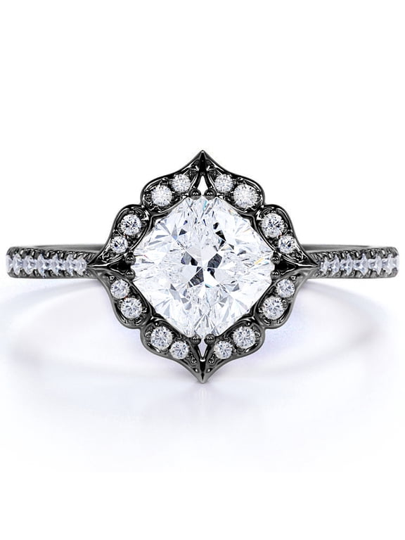 Compass 1.25 Carat Cushion Cut Engagement Ring - Vintage Engagement Ring - in 18k Black Gold over Silver