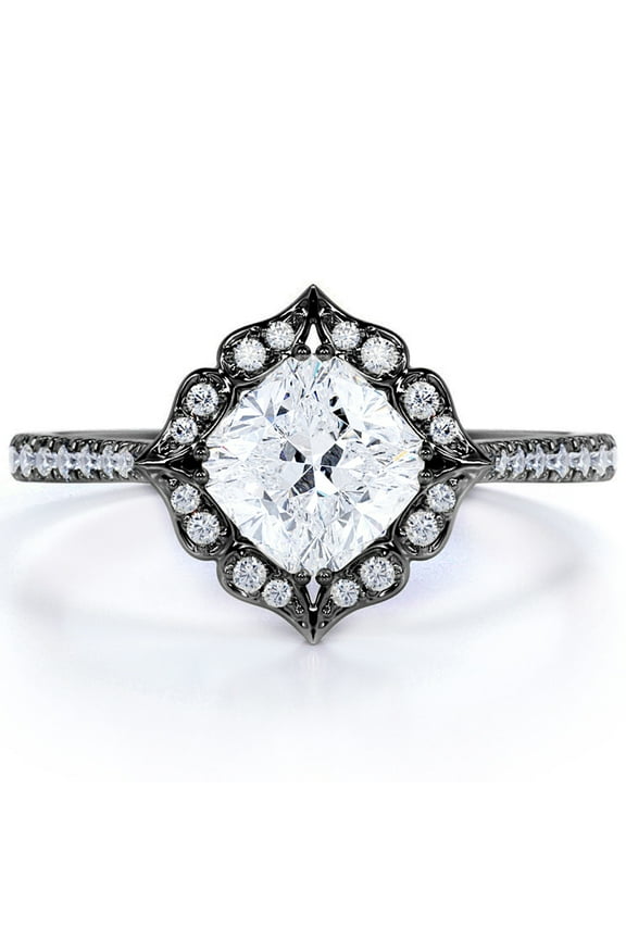Compass 1.25 Carat Cushion Cut Engagement Ring - Vintage Engagement Ring - in 18k Black Gold over Silver