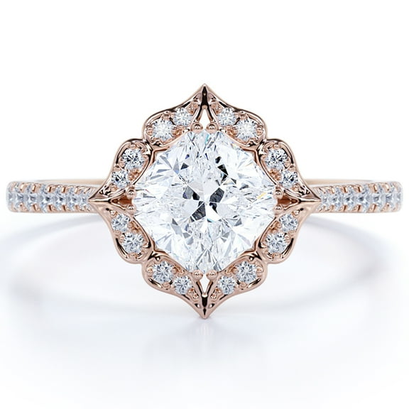JeenMata Compass 1.25 Carat Cushion Cut Engagement Ring - Vintage Engagement Ring - in 18k Rose Gold over Silver