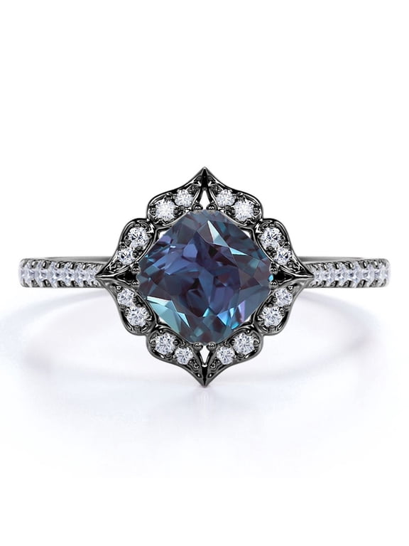 Compass 1.75 Carat Cushion Cut Lab Created Color Changing Alexandrite and Moissanite Lotus Engagement Ring in 18k Black Gold over Silver
