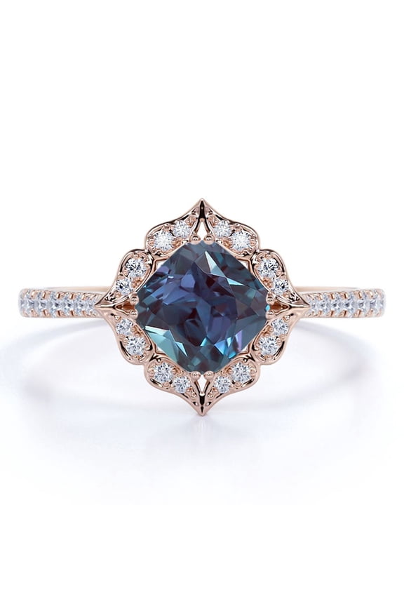 Compass 1.75 Carat Cushion Cut Lab Created Color Changing Alexandrite and Moissanite Lotus Engagement Ring in 18k Rose Gold over Silver