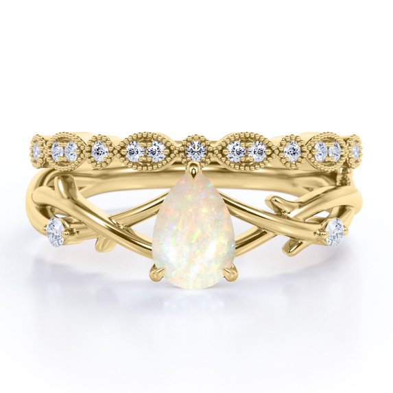 JeenMata Crossover - 1.25 Carat Pear Shaped Cantera Opal And Moissanite - 3 Prong - Art Deco Filigree Milgrain Wedding Ring Set - 18K Yellow Gold Plating Over Silver