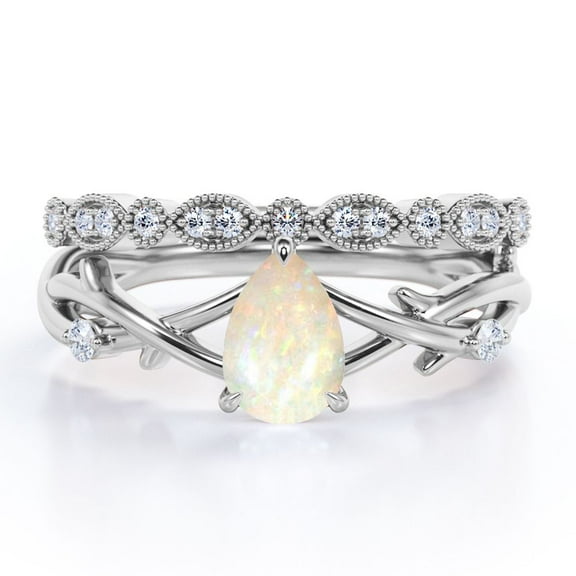JeenMata Crossover - 1.25 Carat Pear Shaped Cantera Opal And Moissanite - 3 Prong - Art Deco Filigree Milgrain Wedding Ring Set - 18K White Gold Plating Over Silver