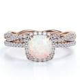 thumbnail image 1 of JeenMata Crossover - 1.5 Carat Cushion Cut Real Welo Opal and Moissanite - Halo Pave Setting - Double Prong Wedding Ring Set - 18K Rose Gold Plating over Silver, 1 of 7