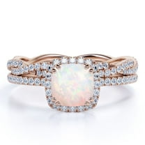 JeenMata Crossover - 1.5 Carat Cushion Cut Real Welo Opal and Moissanite - Halo Pave Setting - Double Prong Wedding Ring Set - 18K Rose Gold Plating over Silver