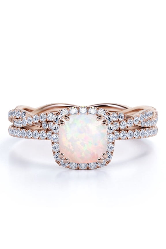 Crossover - 1.5 Carat Cushion Cut Real Welo Opal and Moissanite - Halo Pave Setting - Double Prong Wedding Ring Set - 18K Rose Gold Plating over Silver