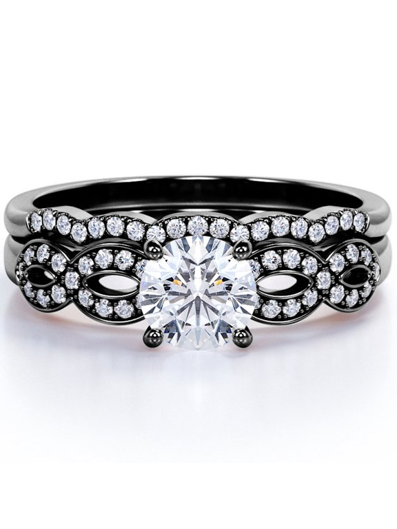 Crossover - 1.75 Carat Round Brilliant Cut Moissanite - Pave - Curved Band - Prong Wedding Ring Set - 18K Black Gold Plating Over Silver