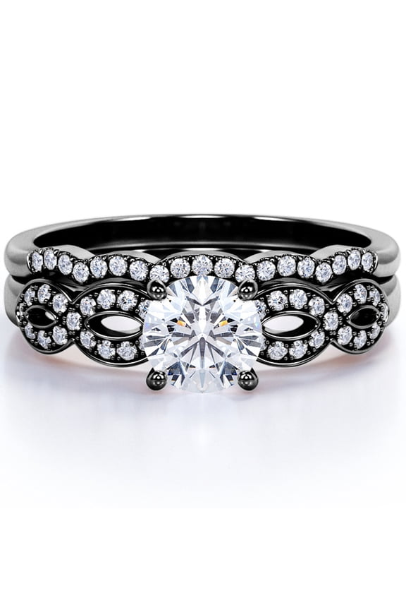 Crossover - 1.75 Carat Round Brilliant Cut Moissanite - Pave - Curved Band - Prong Wedding Ring Set - 18K Black Gold Plating Over Silver