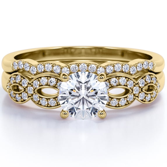 JeenMata Crossover - 1.75 Carat Round Brilliant Cut Moissanite - Pave - Curved Band - Prong Wedding Ring Set - 18K Yellow Gold Plating Over Silver