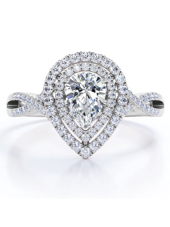 Crossover Style 1.25 Carat Almond-Shaped Duo Halo Engagement Ring in 18K White Gold Plating over Silver