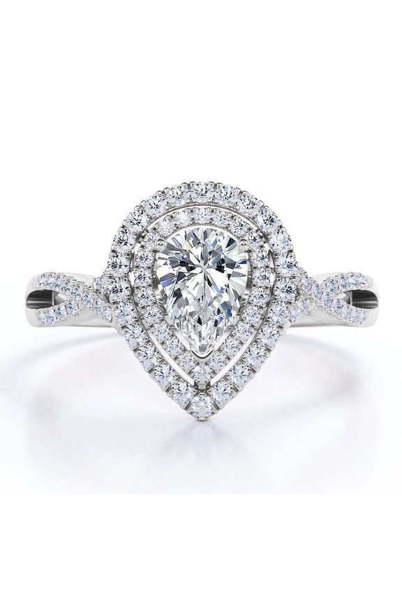 Crossover Style 1.25 Carat Almond-Shaped Duo Halo Engagement Ring in 18K White Gold Plating over Silver