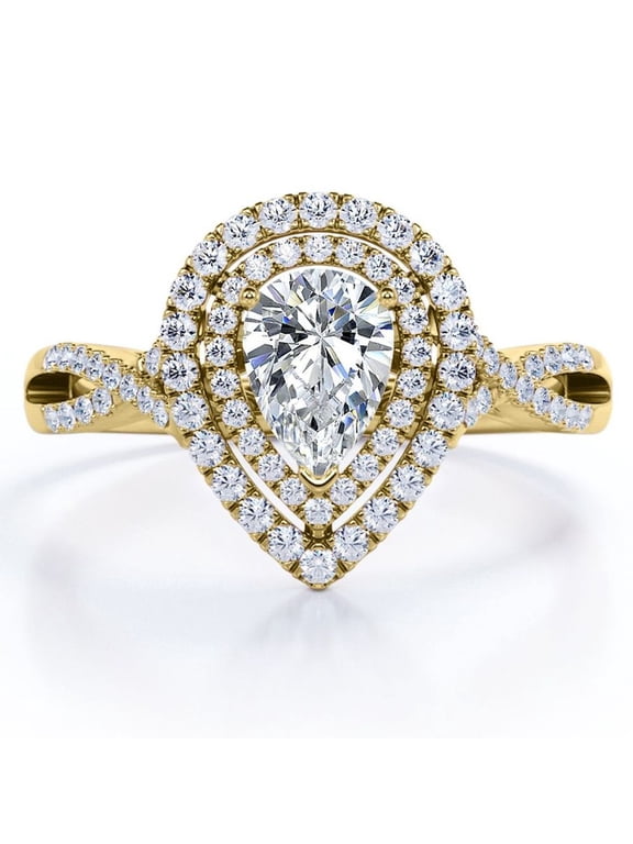 Crossover Style 1.25 Carat Almond-Shaped Duo Halo Engagement Ring in 18K Yellow Gold Plating over Silver