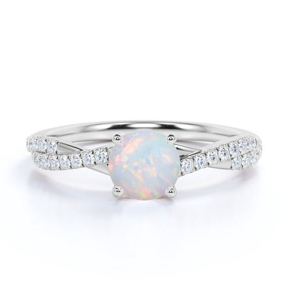 JeenMata Crossover with Pave Accents - 1 TCW Round Shaped Blue Opal and Moissanite - Prong Engagement Ring - 18K White Gold Plating over Silver