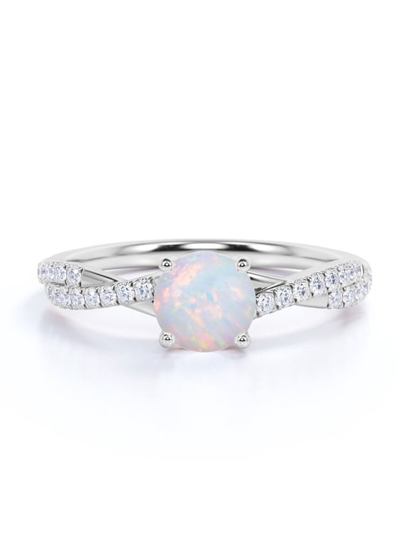 Crossover with Pave Accents - 1 TCW Round Shaped Blue Opal and Moissanite - Prong Engagement Ring - 18K White Gold Plating over Silver