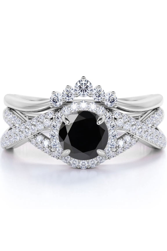 Crown Halo Crossover 1.15 Carat Round Shaped Double Pave Wedding Ring Set in 18K White Gold Plating over Silver