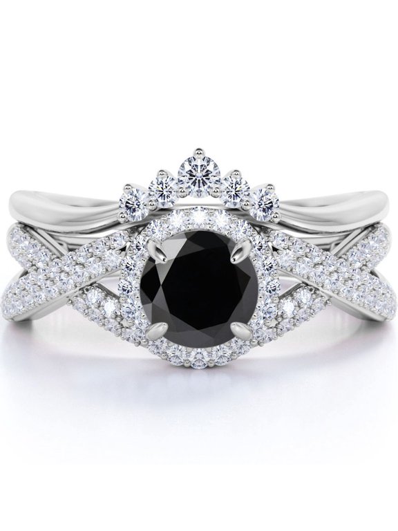Crown Halo Crossover 1.15 Carat Round Shaped Double Pave Wedding Ring Set in 18K White Gold Plating over Silver