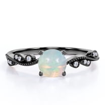 JeenMata Curved Band - 1.10 Carat Round Brazilian Opal And Moissanite - Milgrain Filigree - Prong Set Engagement Ring - 18K Black Gold Plating Over Silver