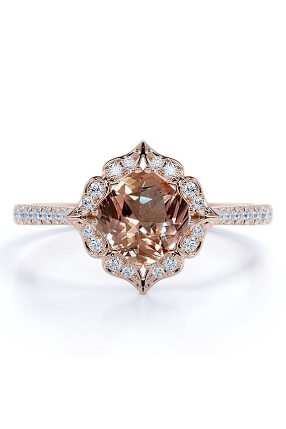 Cushion Cut Peach created morganite Halo Engagement Ring in 18k Rose Gold over Silver