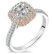 JEENMATA Cushion Cut Real Diamond Double Halo Engagement Ring in 10k White Gold
