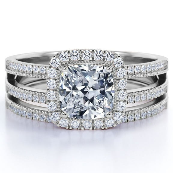 JeenMata Cushion Cut Real Diamond Engagement Ring - Split Shank - Halo Ring - Wedding Set - 10K White Gold