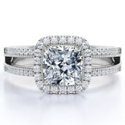 JeenMata Cushion Cut Real Diamond - Vintage Style - Engagement Ring - Split Shank - Halo Ring - 10K White Gold
