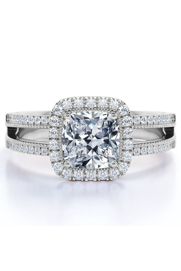 Cushion Cut Real Diamond - Vintage Style - Engagement Ring - Split Shank - Halo Ring - 10K White Gold