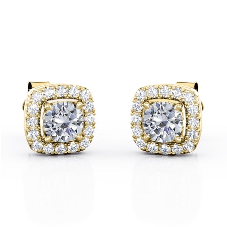 JeenMata Cushion Halo 1.10 Carat Round Brilliant Cut Moissanite 4 Prong Setting Stud Earrings in 18K Yellow Gold Plating over Silver