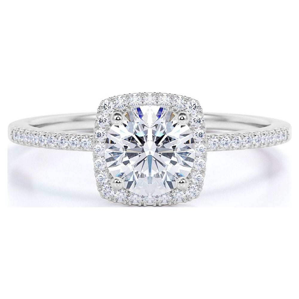 JeenMata 1.75 Carat Round Cut Moissanite Engagement Ring, Cushion Halo Design, 18K White Gold Plated