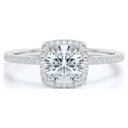JeenMata Cushion Halo Design 1 Carat Round Cut Moissanite Pave Prong Set Engagement Ring In 18K White Gold Plating for Women
